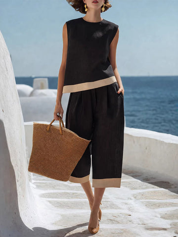 Crew-Neck Sleeveless Two-Piece Set in Black