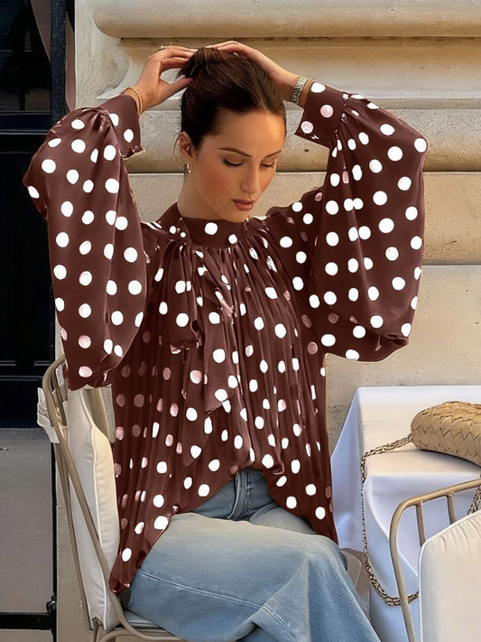 Lace-Up Blouse with Long Sleeves in Brown – photo 2