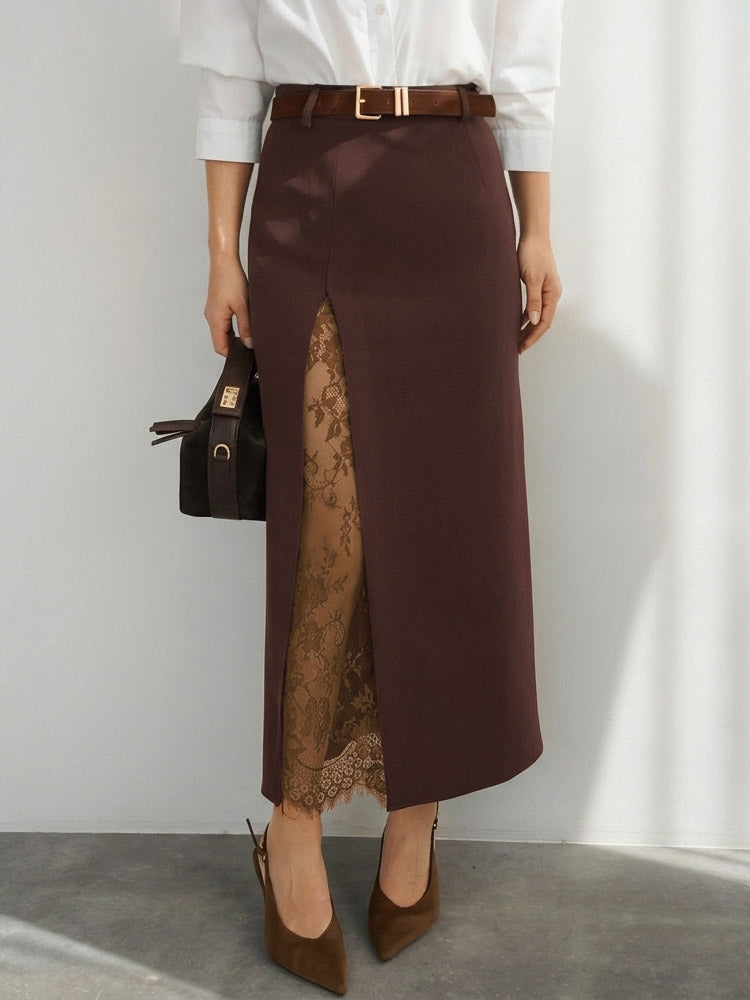 High-Waisted Skirt with Side Split in Brown – photo 1