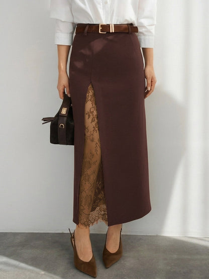 High-Waisted Skirt with Side Split in Brown – photo 1