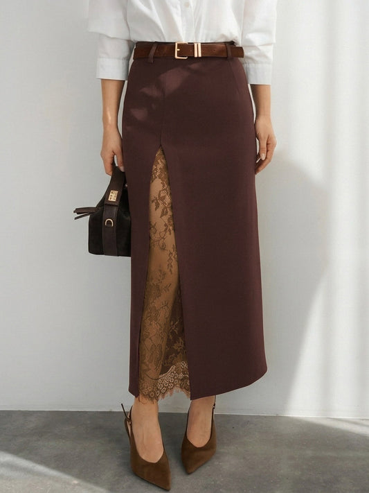 High-Waisted Skirt with Side Split in Brown – photo 1
