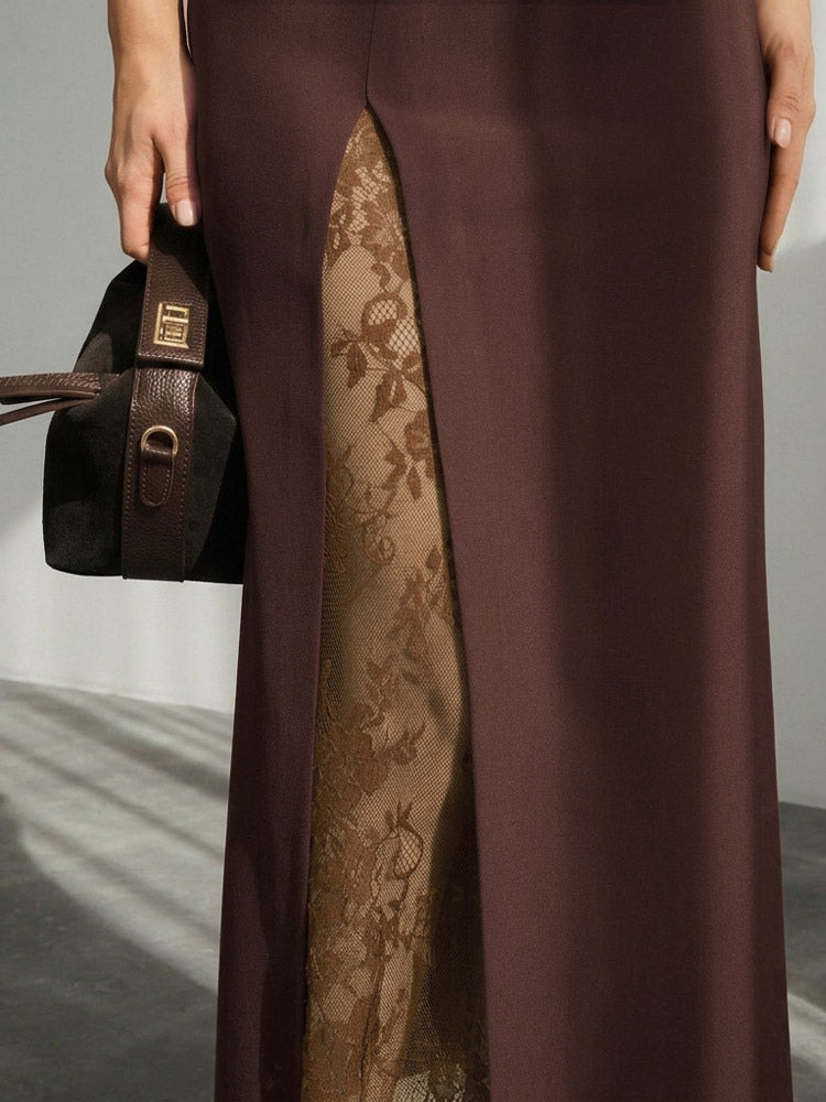 High-Waisted Skirt with Side Split in Brown – photo 3