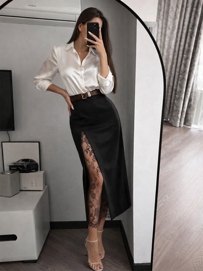 High-Waisted Skirt with Side Split in Brown – photo 7