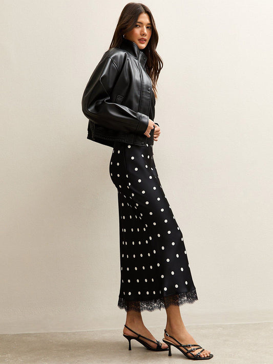 Satin Skirt with Lace Trim in Black – photo 2