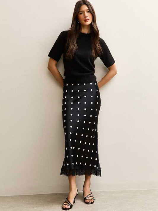 Satin Skirt with Lace Trim in Black – photo 1