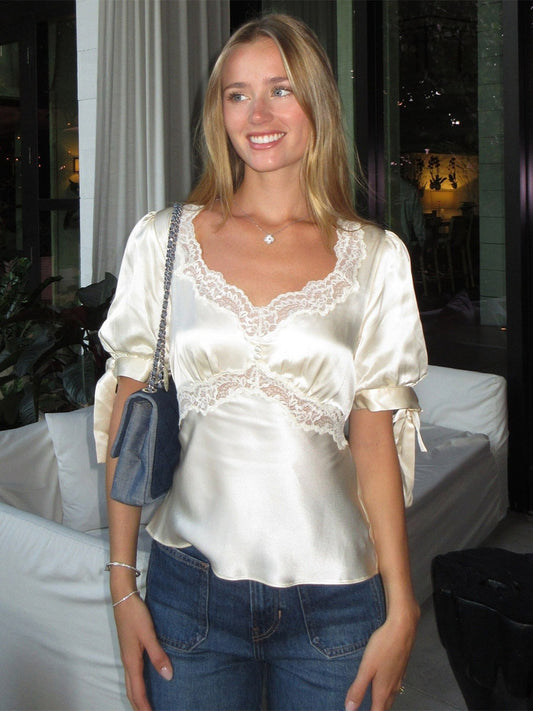 Satin Blouse with Lace Trim in White – photo 1