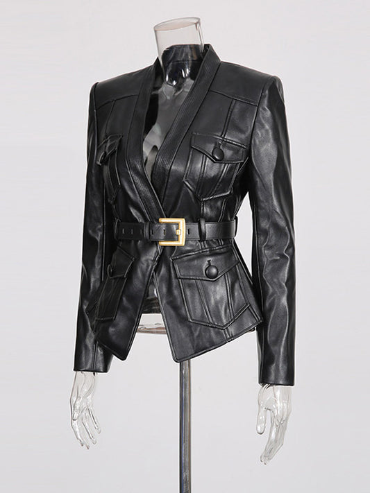 V-Neck Blazer with Long Sleeves in Black – photo 2