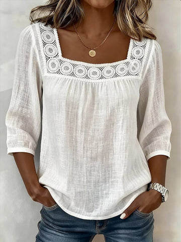 Square-Neck Blouse with Puff Sleeves in White