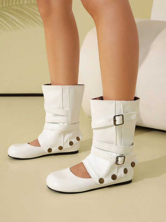 Round-Toe Ankle Boots with Buckle in White – photo 1