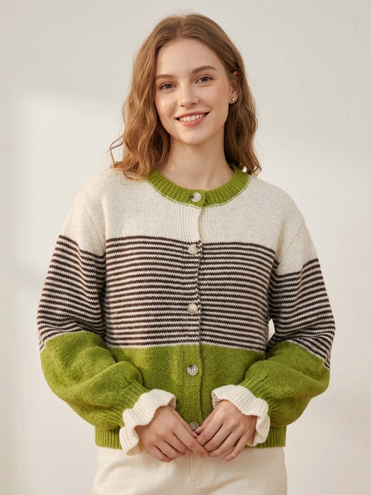 Crew-Neck Cardigan with Long Sleeves in Green – photo 1