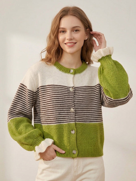 Crew-Neck Cardigan with Long Sleeves in Green – photo 2