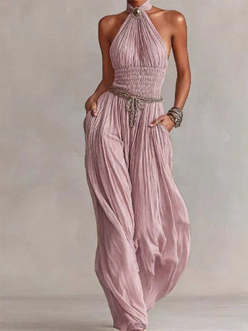 Lace-Up Jumpsuit with Pleats in Pink