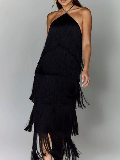 Halterneck Midi Dress with Fringe in Camel – photo 7