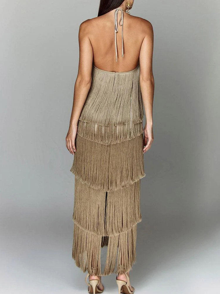 Halterneck Midi Dress with Fringe in Camel – photo 3