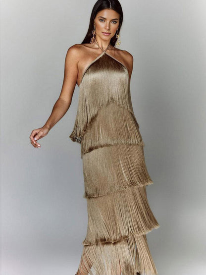 Halterneck Midi Dress with Fringe in Camel – photo 2