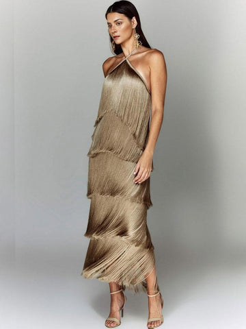 Halterneck Midi Dress with Fringe in Camel