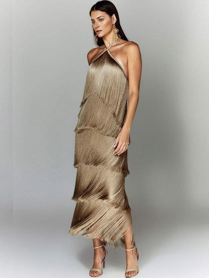 Halterneck Midi Dress with Fringe in Camel – photo 1