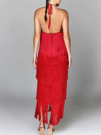 Halterneck Midi Dress with Fringe in Camel – photo 6