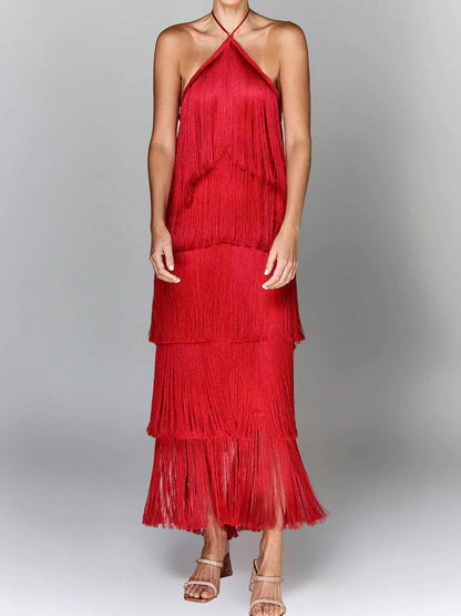 Halterneck Midi Dress with Fringe in Camel – photo 5