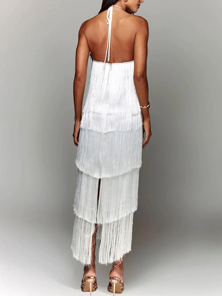 Halterneck Midi Dress with Fringe in Camel – photo 12