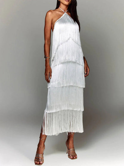 Halterneck Midi Dress with Fringe in Camel – photo 11