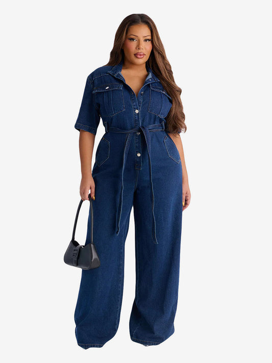 Short-Sleeve Jumpsuit with Lapels in Blue – photo 1