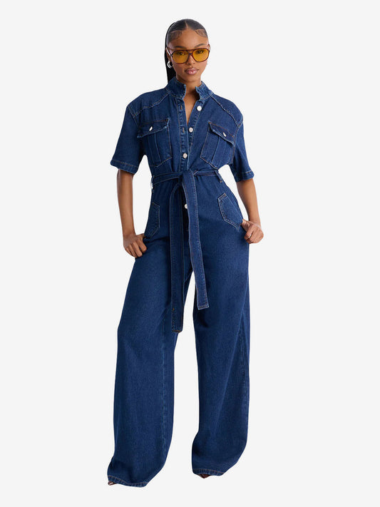 Short-Sleeve Jumpsuit with Lapels in Blue – photo 2