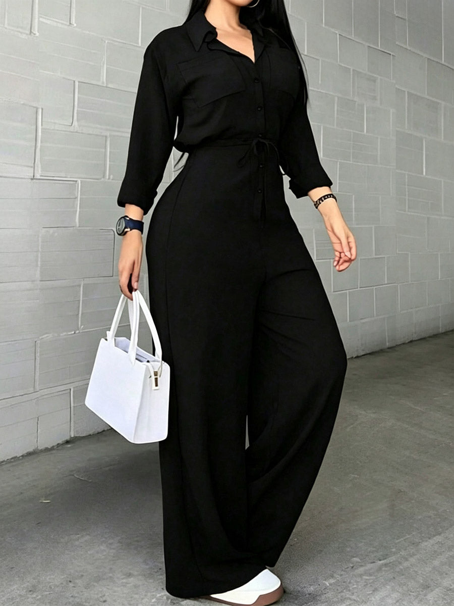 Lace-Up Jumpsuit with Lapels in Black – photo 1