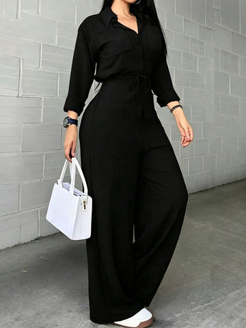 Lace-Up Jumpsuit with Lapels in Black