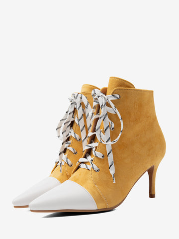 Pointed-Toe Ankle Boots with Lace Trim in Yellow