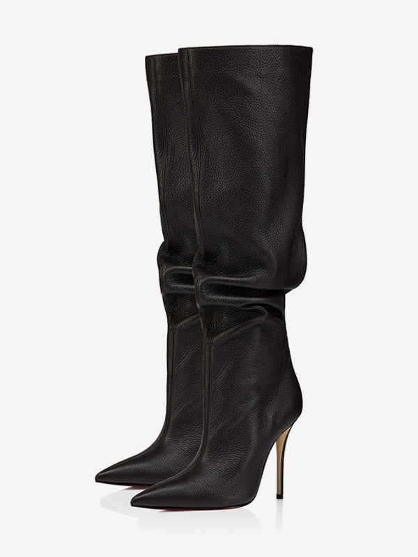 Pointed-Toe Stiletto Slouch Knee-High Boots in Black – photo 1