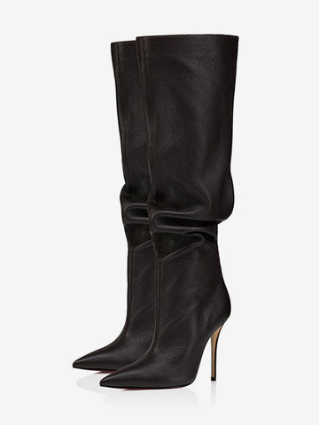 Pointed-Toe Stiletto Slouch Knee-High Boots in Black