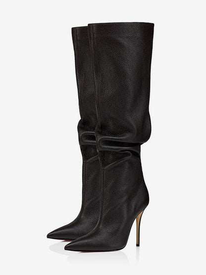 Pointed-Toe Stiletto Slouch Knee-High Boots in Black – photo 1