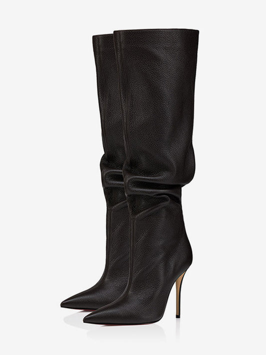 Pointed-Toe Stiletto Slouch Knee-High Boots in Black – photo 1