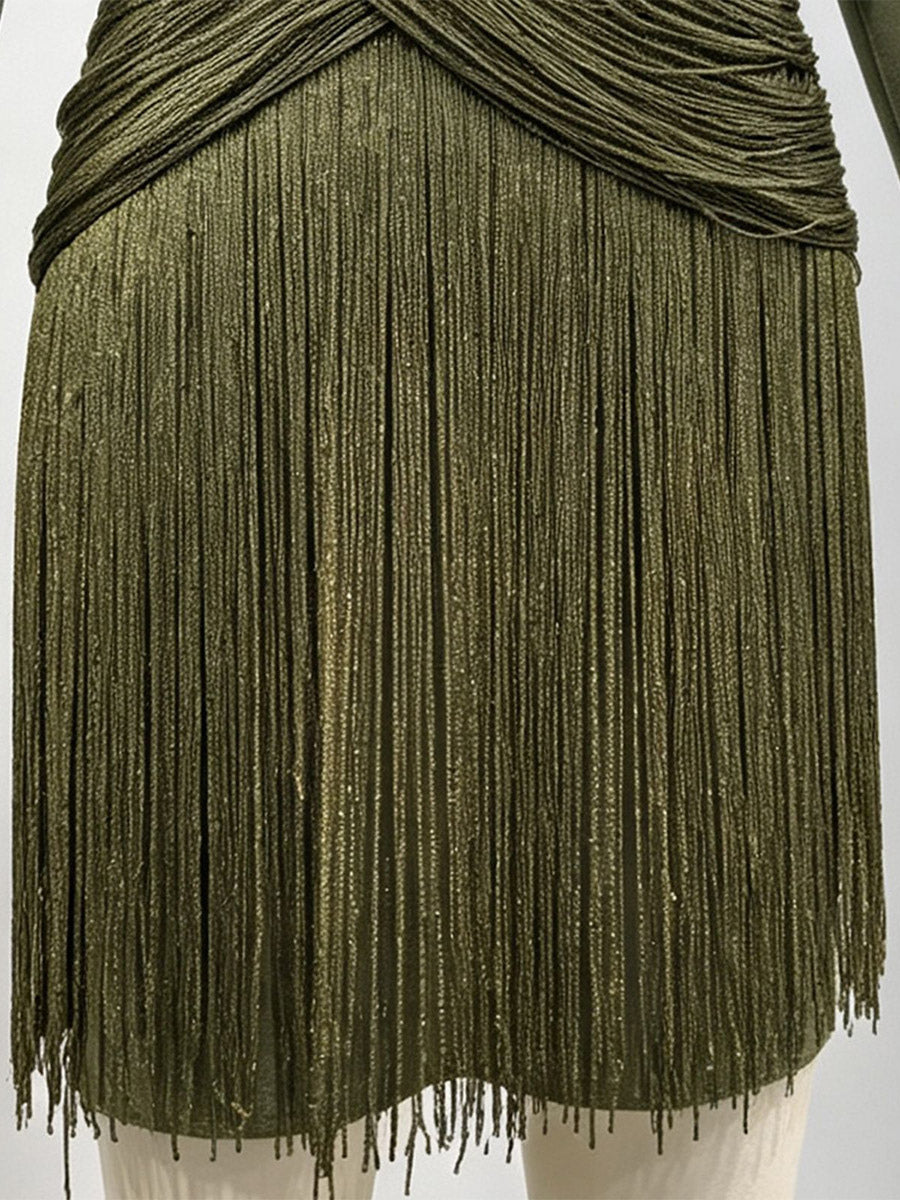 High-Neck Mini Dress with Fringe in Green – photo 5