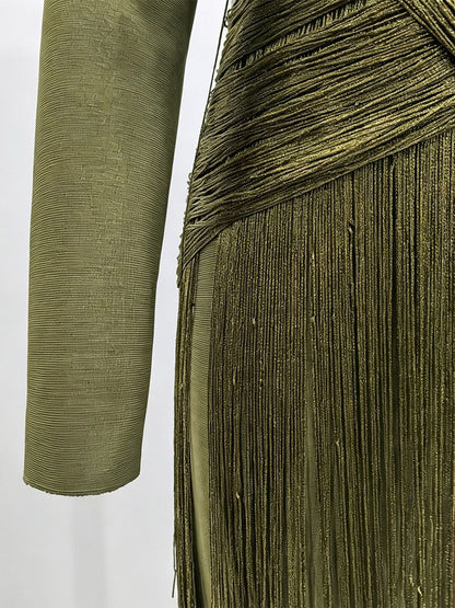 High-Neck Mini Dress with Fringe in Green – photo 6