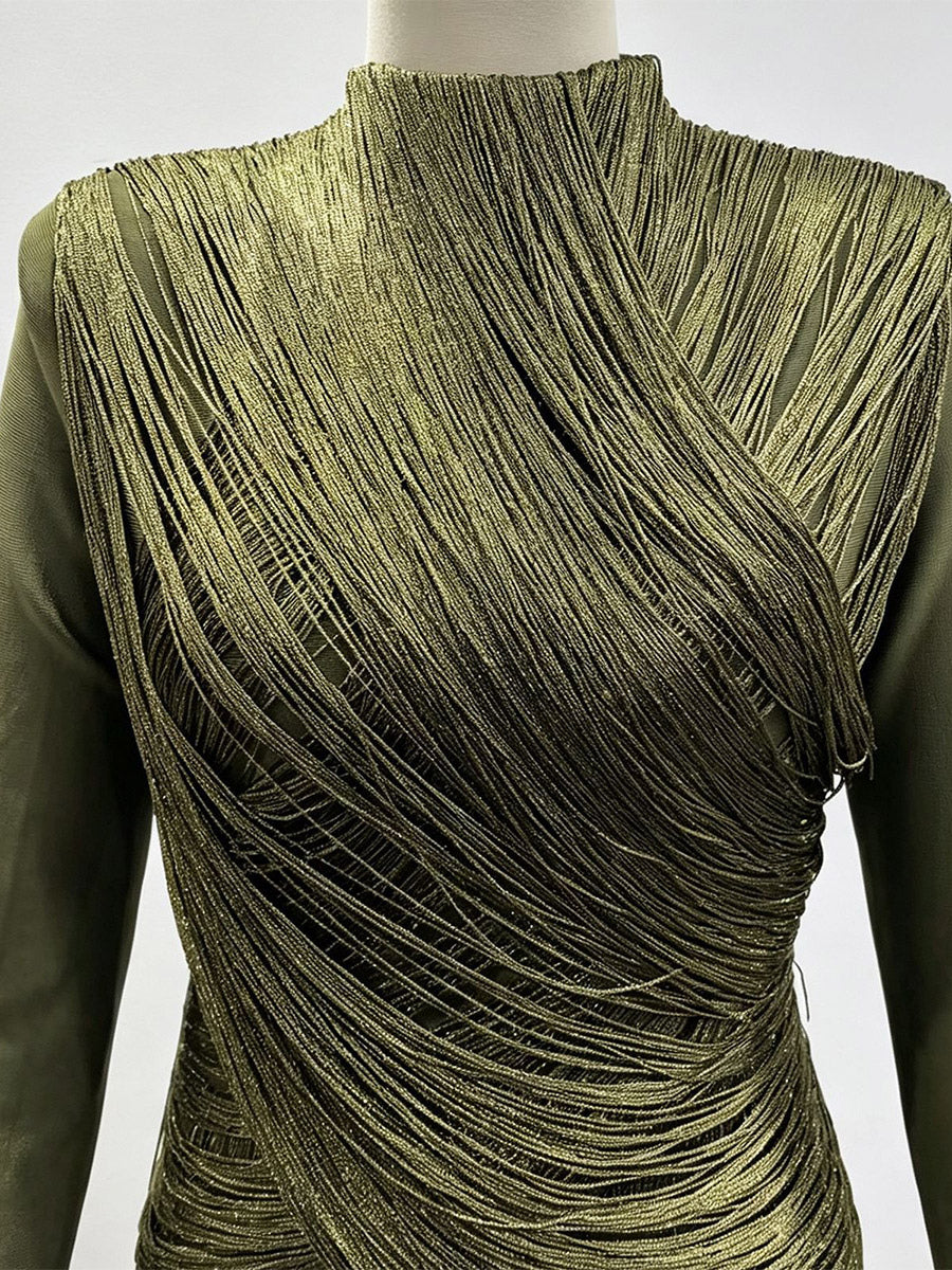 High-Neck Mini Dress with Fringe in Green – photo 4