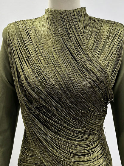 High-Neck Mini Dress with Fringe in Green – photo 4