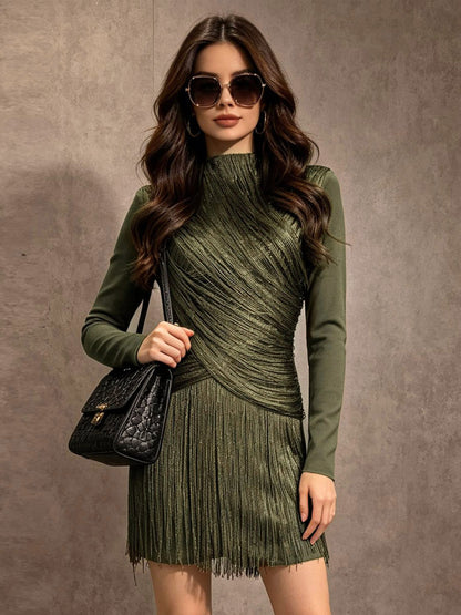 High-Neck Mini Dress with Fringe in Green – photo 1