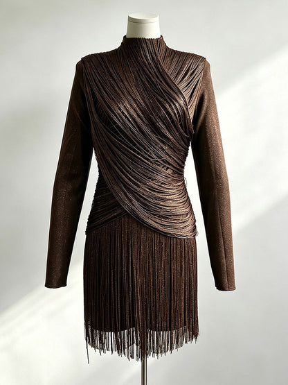 High-Neck Mini Dress with Fringe in Green – photo 10