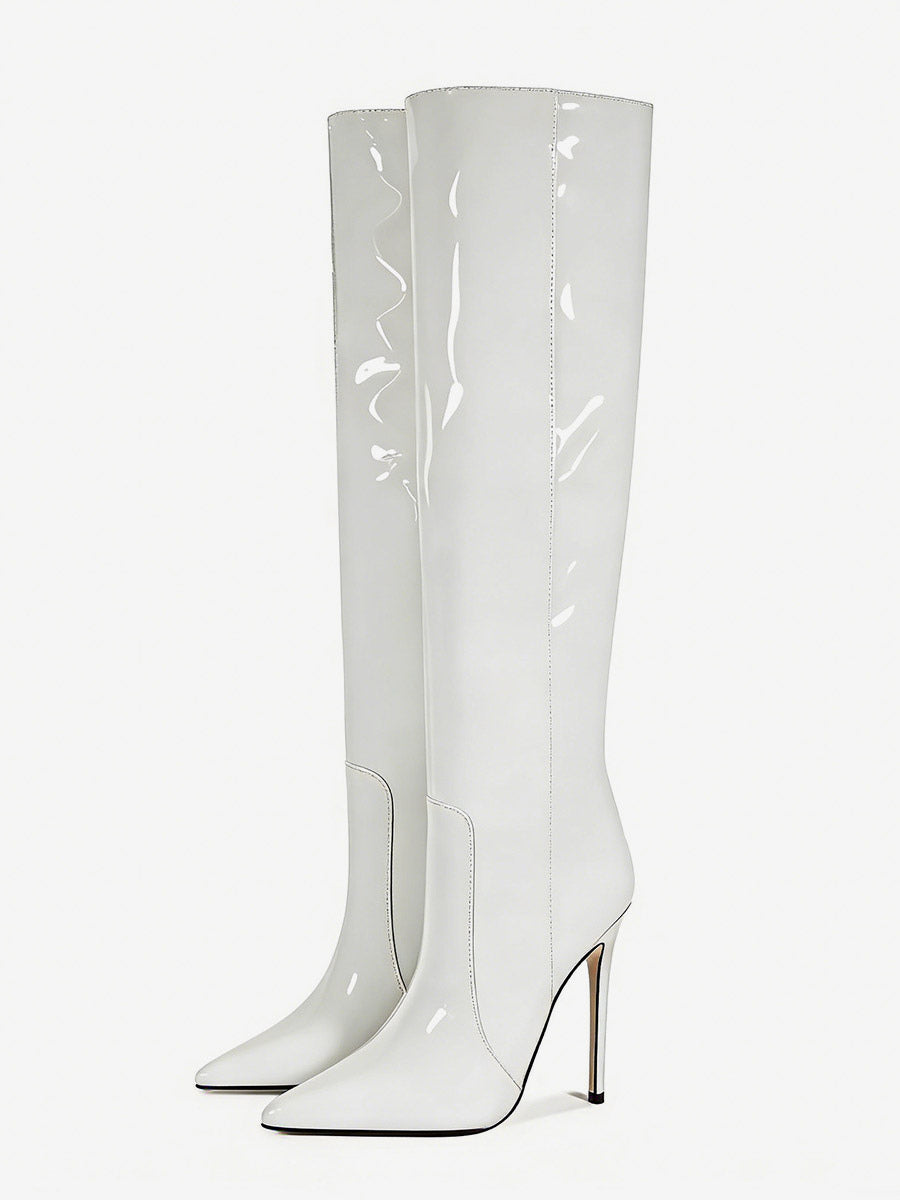 Pointed-Toe Stiletto Knee-High Boots in Silver – photo 14