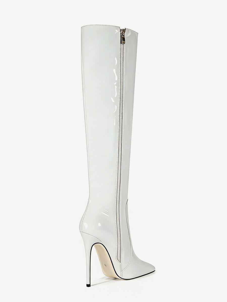 Pointed-Toe Stiletto Knee-High Boots in Silver – photo 15