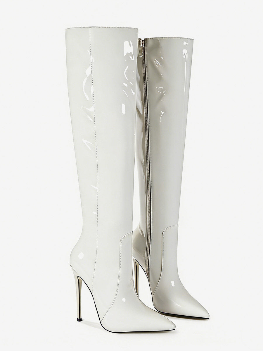 Pointed-Toe Stiletto Knee-High Boots in Silver – photo 17