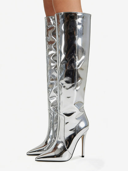 Pointed-Toe Stiletto Knee-High Boots in Silver – photo 1