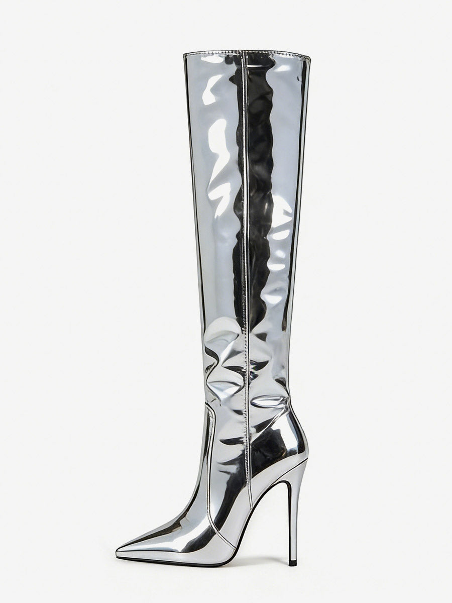 Pointed-Toe Stiletto Knee-High Boots in Silver – photo 2