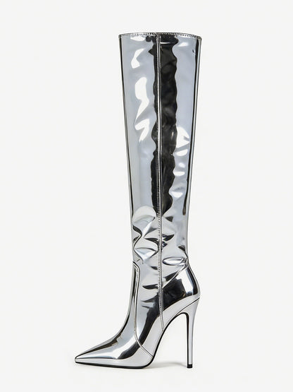 Pointed-Toe Stiletto Knee-High Boots in Silver – photo 2