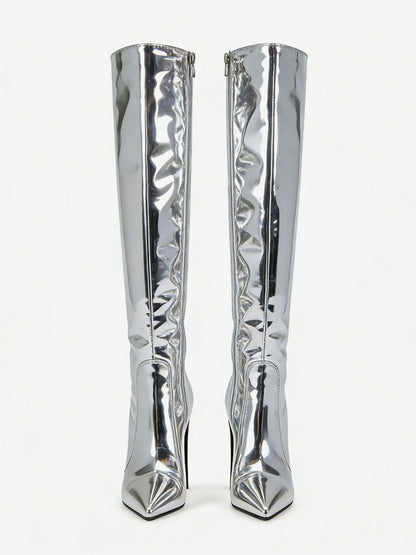 Pointed-Toe Stiletto Knee-High Boots in Silver – photo 3