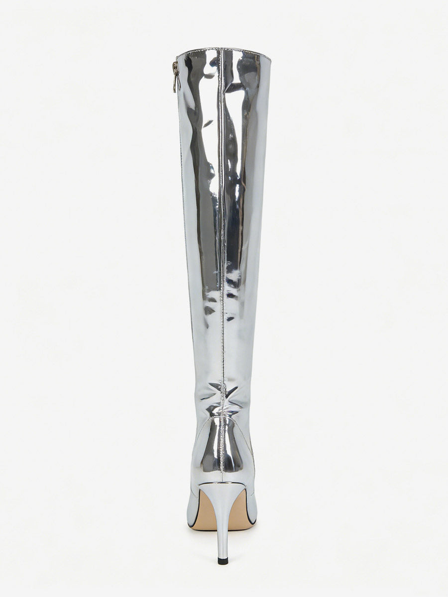 Pointed-Toe Stiletto Knee-High Boots in Silver – photo 4