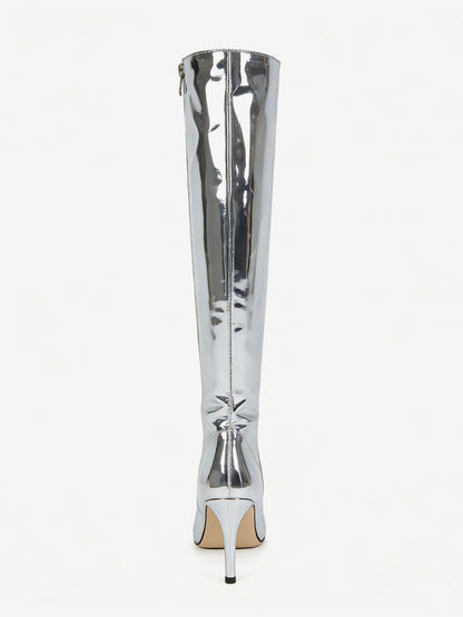 Pointed-Toe Stiletto Knee-High Boots in Silver – photo 4