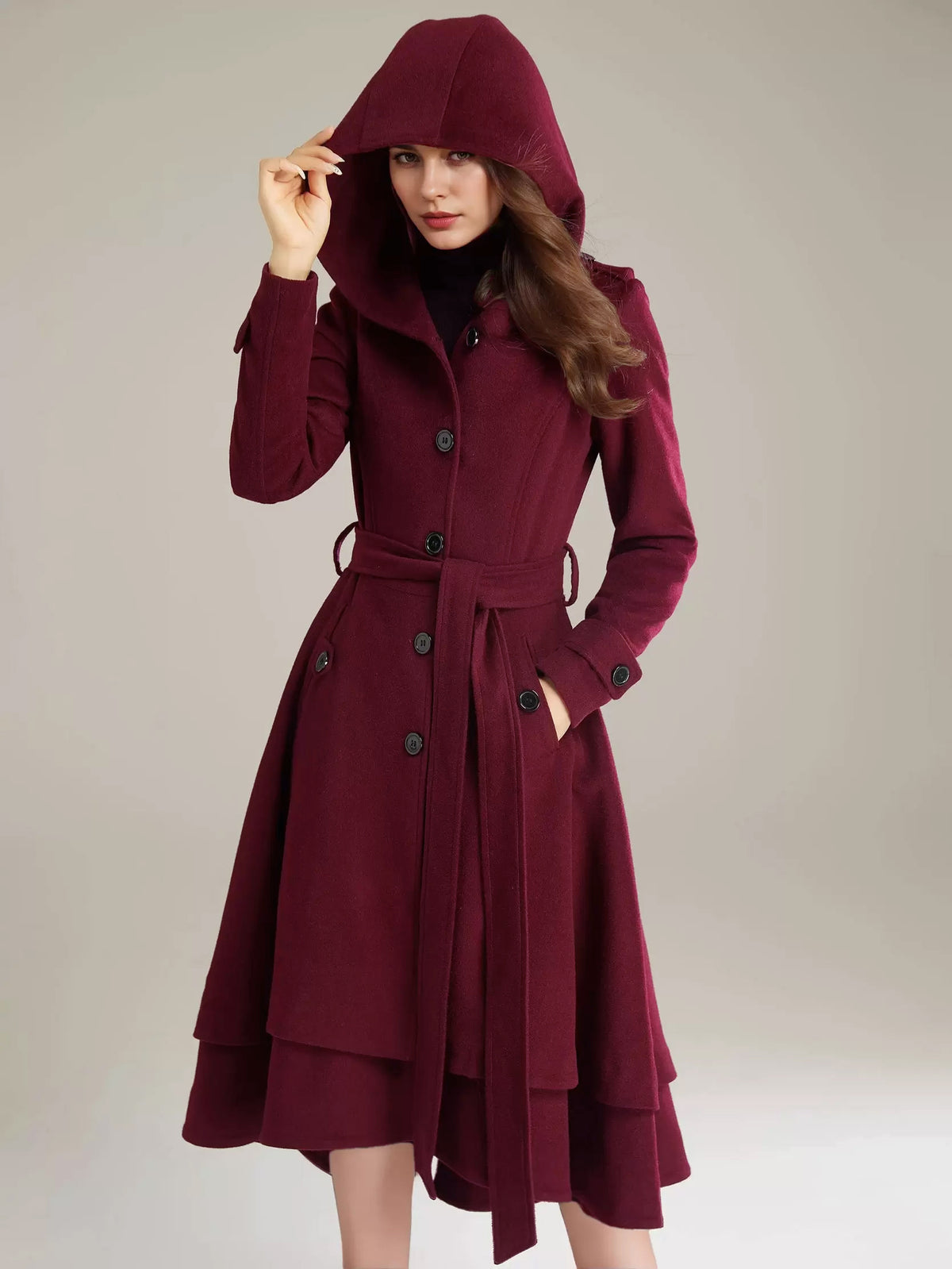 Flared Coat with Hood in Black – photo 6